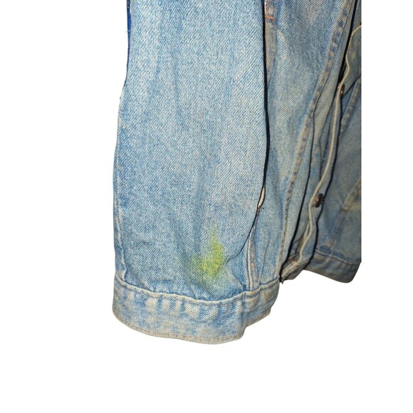 Custom Vintage Denim Jacket Trucker Size L Sauce Blue Plaid Drip Rizz Ripped - Picture 3 of 11